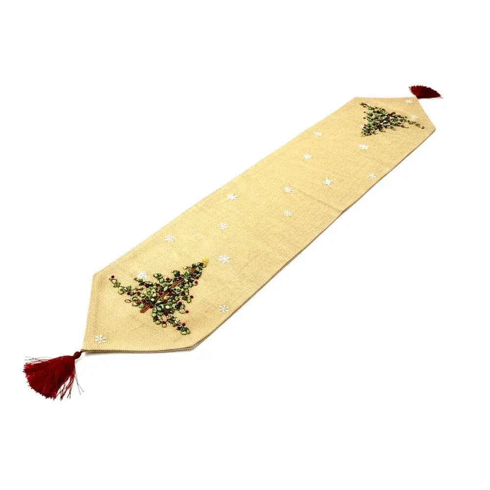 Christmas Table Runner Gold Sparkle Ribbon Embroidered Tree Tassels XMAS 72 X 13